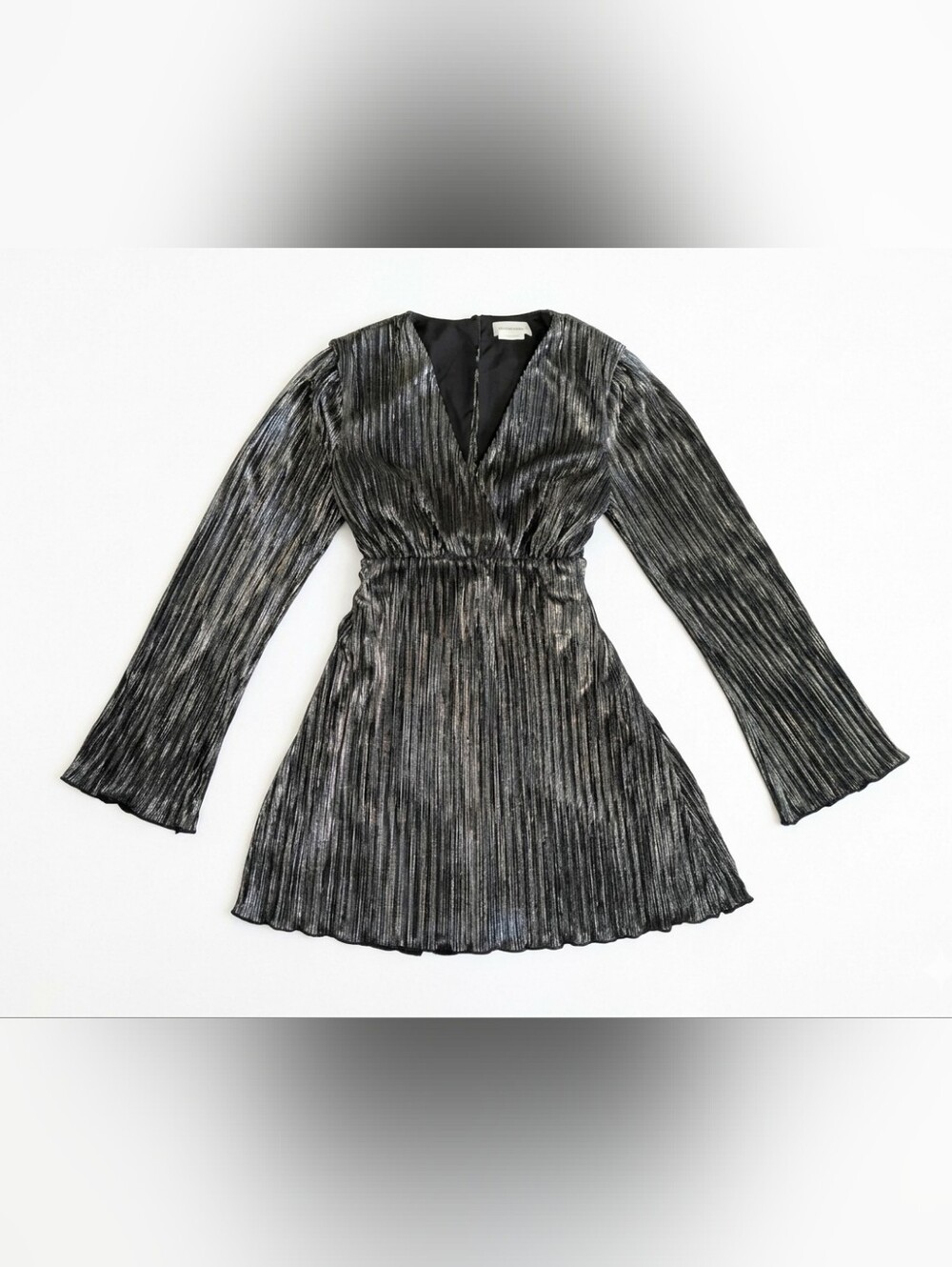 Lovers and Friends Metallic Plisse Mini Dress XS Black Silver Bow Shimmer